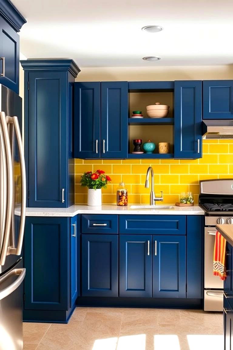 Navy Blue Cabinets with a Pop of Color - 24 Navy Blue Kitchen Cabinets Ideas