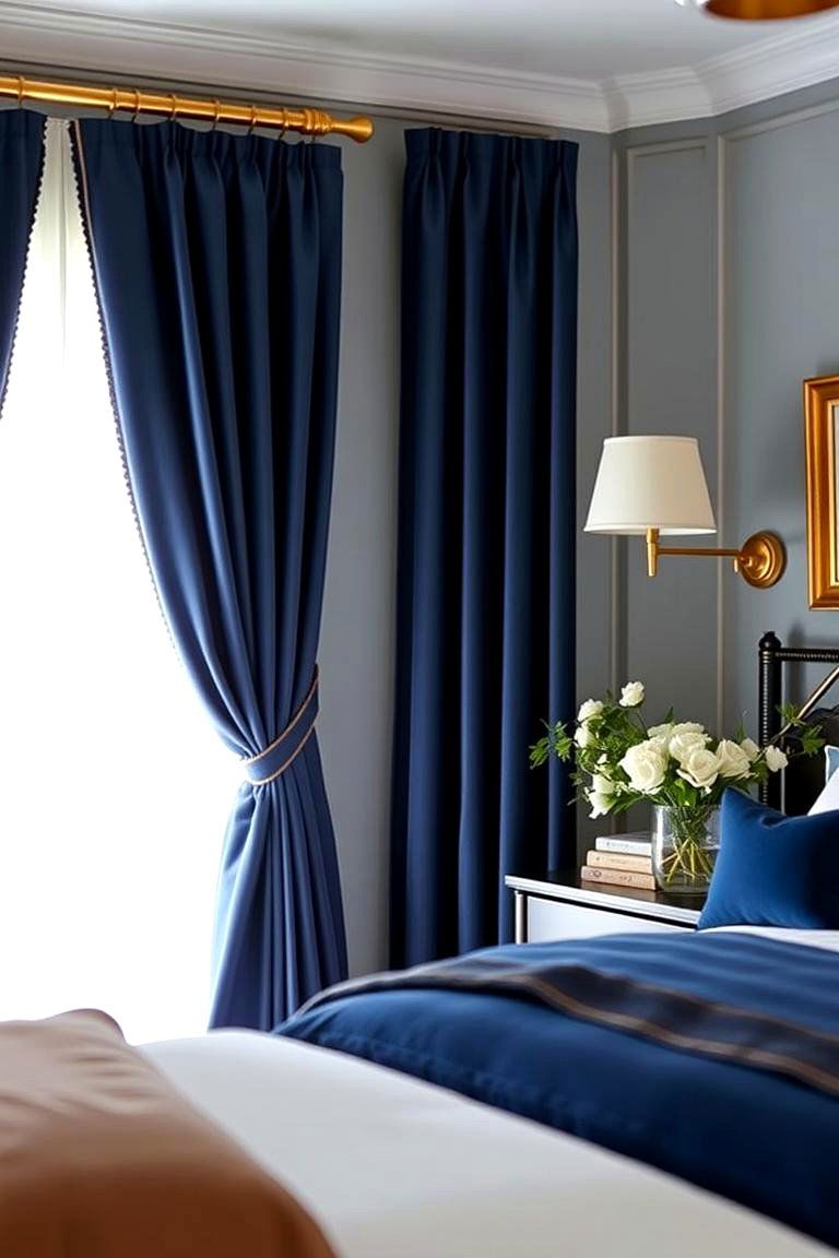 Navy Blue Curtains with Gold Hardware - 24 Navy Blue Bedroom Ideas