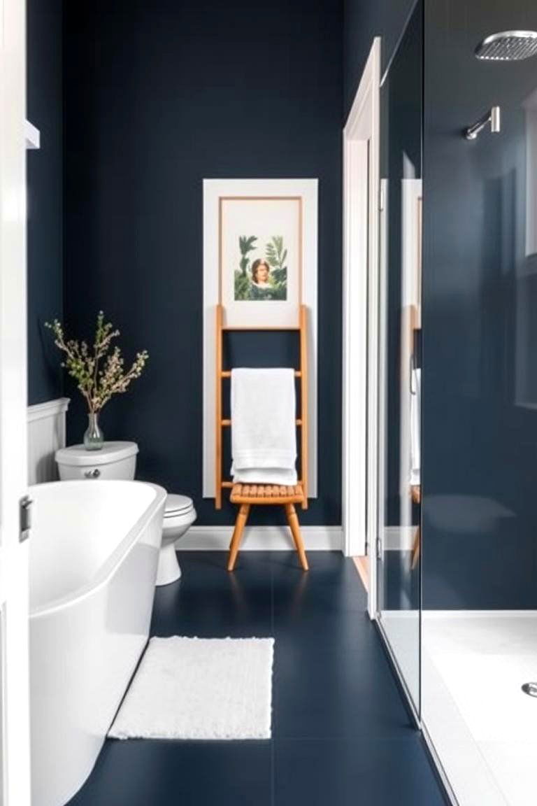 Navy Blue Flooring with White and Wood Accents - 24 Navy Blue Bathroom Ideas