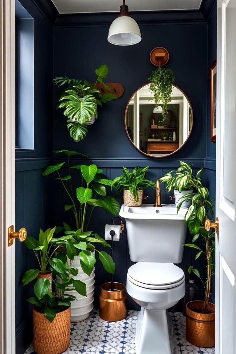 Navy Blue Powder Room with Greenery for a Refreshing Contrast - 24 navy blue powder room ideas