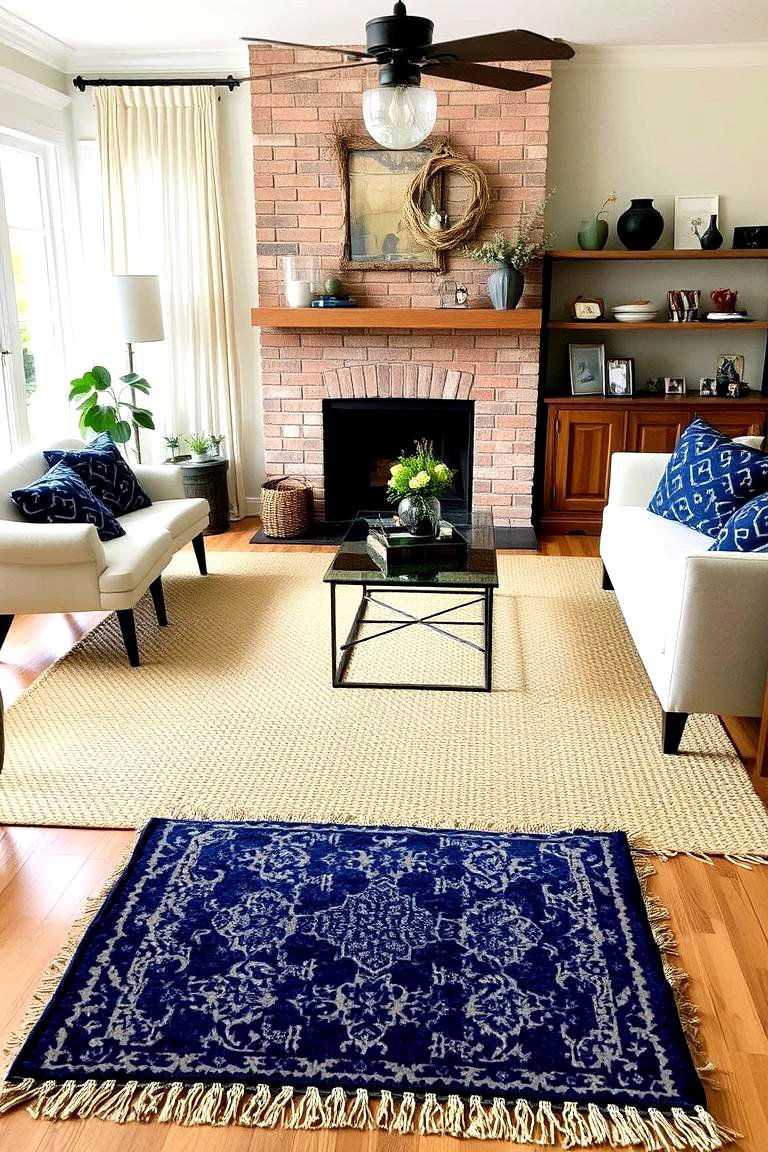 Navy Blue Rug Layering - 24 Navy Blue Living Room Ideas