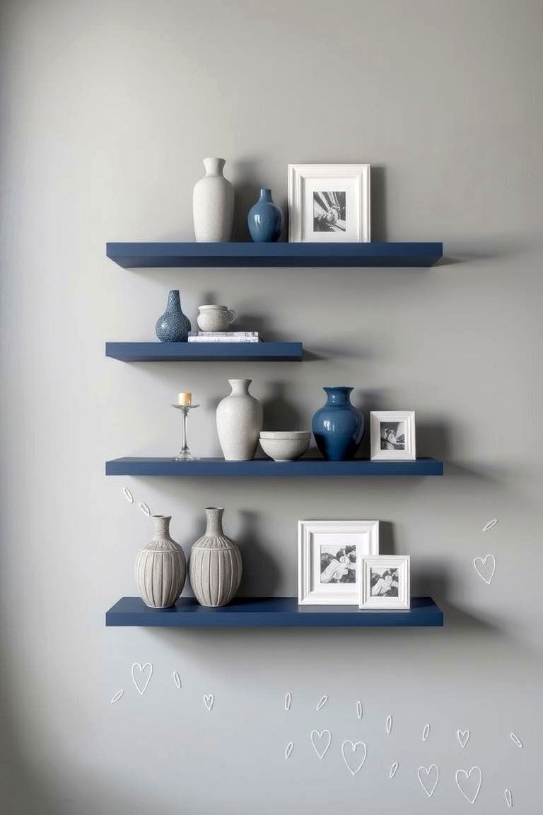 Navy Blue Shelving with Grey Decor - 24 Navy Blue and Grey Bedroom Ideas