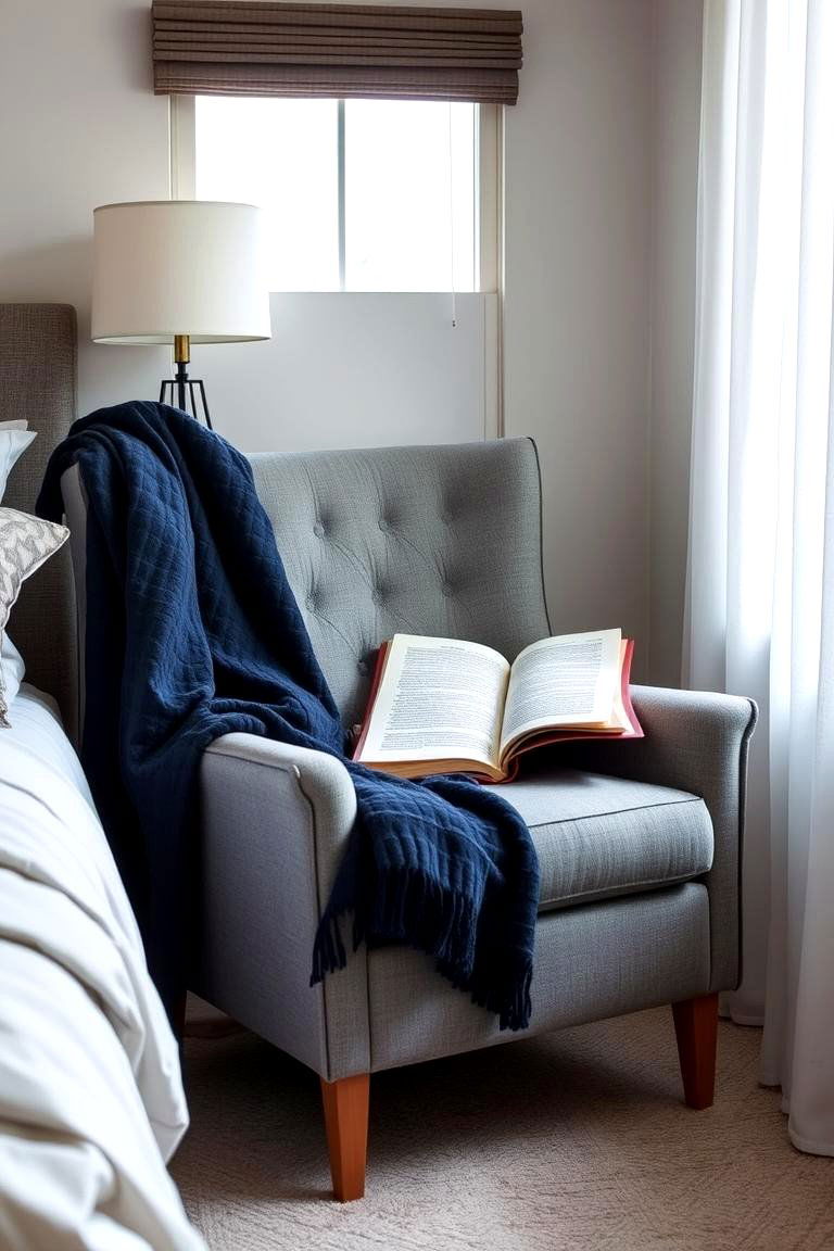 Navy Blue Throw Blanket on a Grey Armchair - 24 Navy Blue and Grey Bedroom Ideas