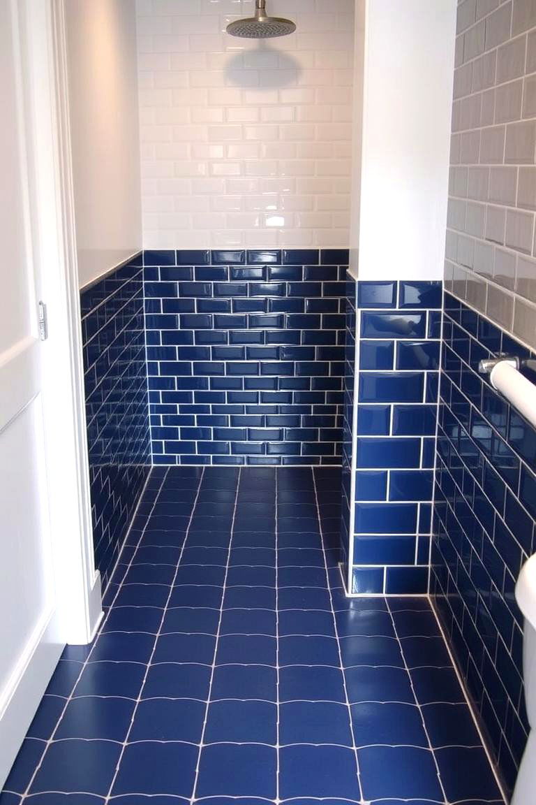 Navy Blue Tiled Floor with White Walls - 24 Navy Blue Bathroom Ideas