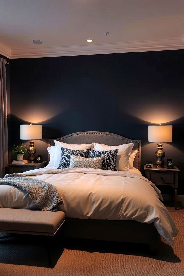 Navy Blue Walls with Soft Warm Lighting - 24 Navy Blue Bedroom Ideas