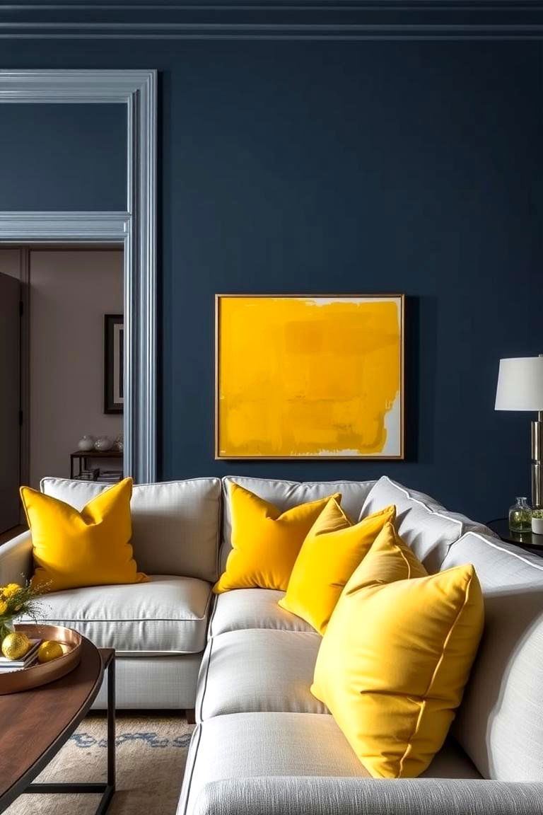 Navy Blue Walls with Yellow Decorative Accents - 24 Yellow and Blue Living Room Ideas