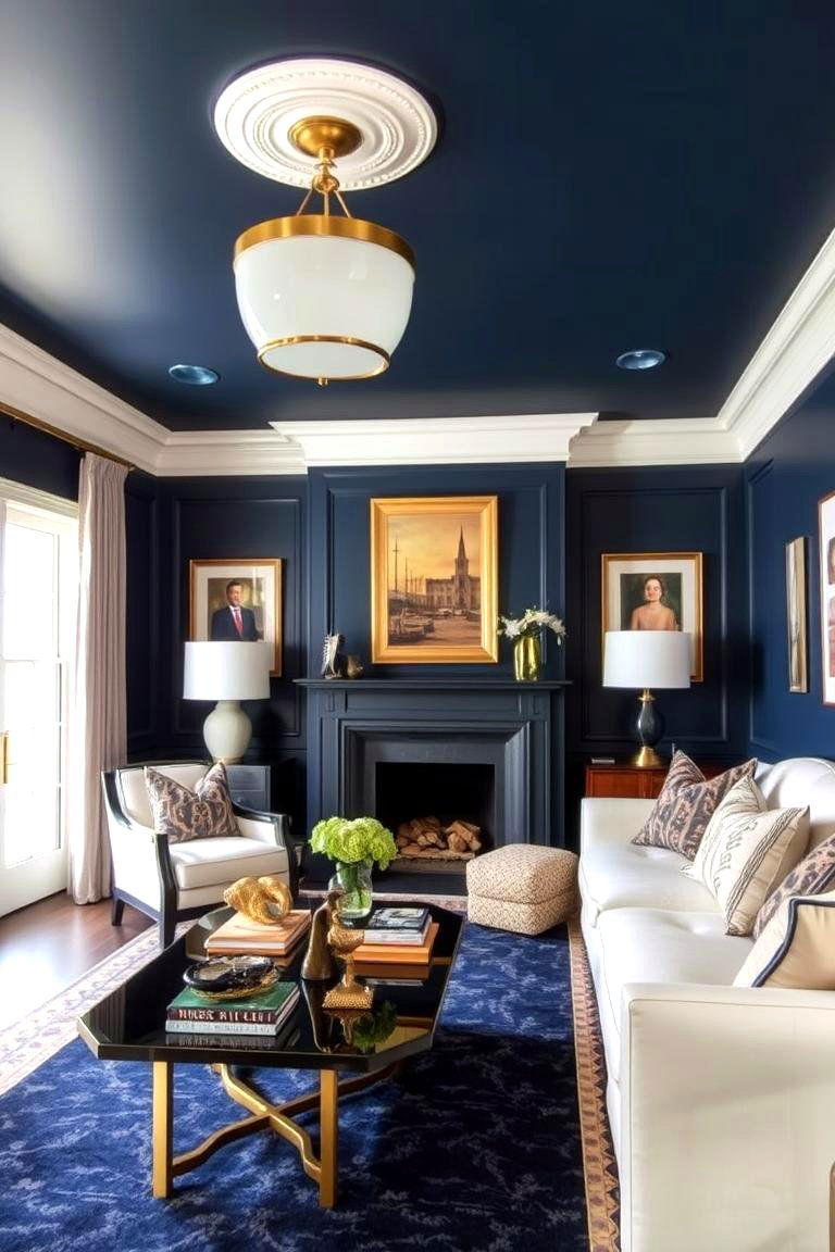 Navy Blue and Brass Details - 24 Navy Blue Living Room Ideas