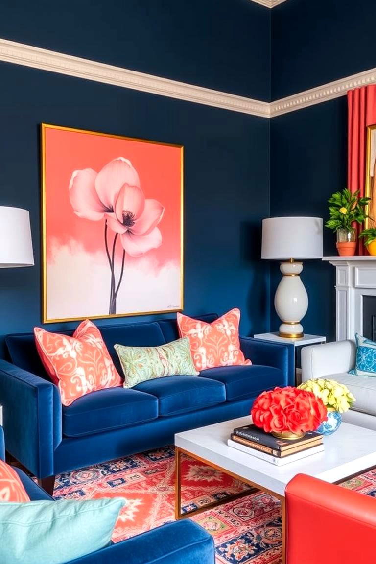 Navy Blue and Coral Accents - 24 Navy Blue Living Room Ideas