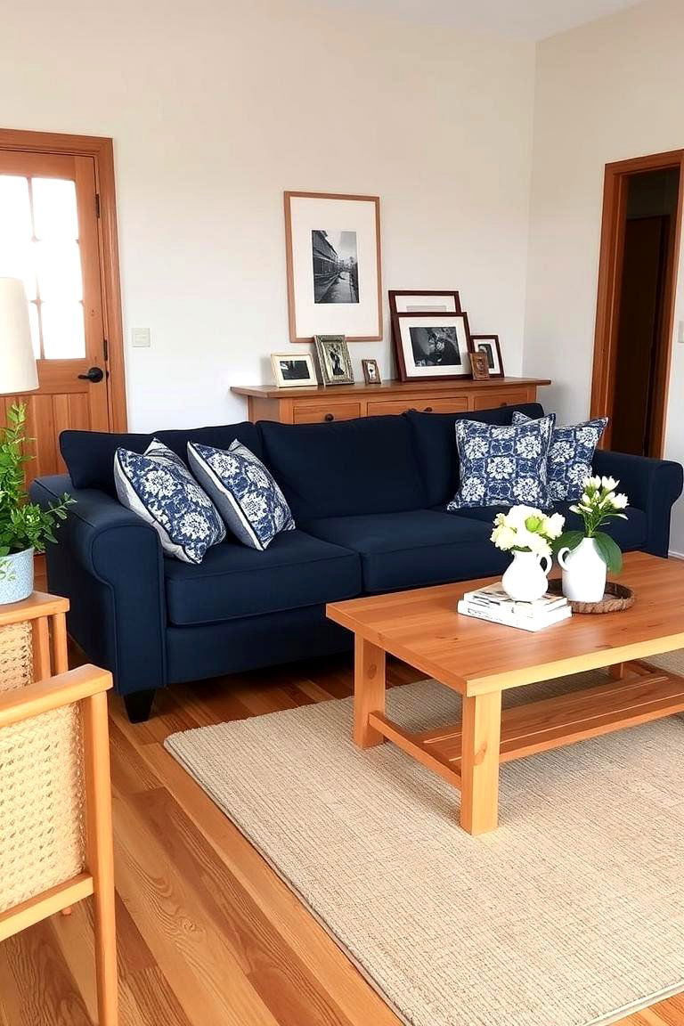 Navy Blue and Natural Wood Tones - 24 Navy Blue Living Room Ideas