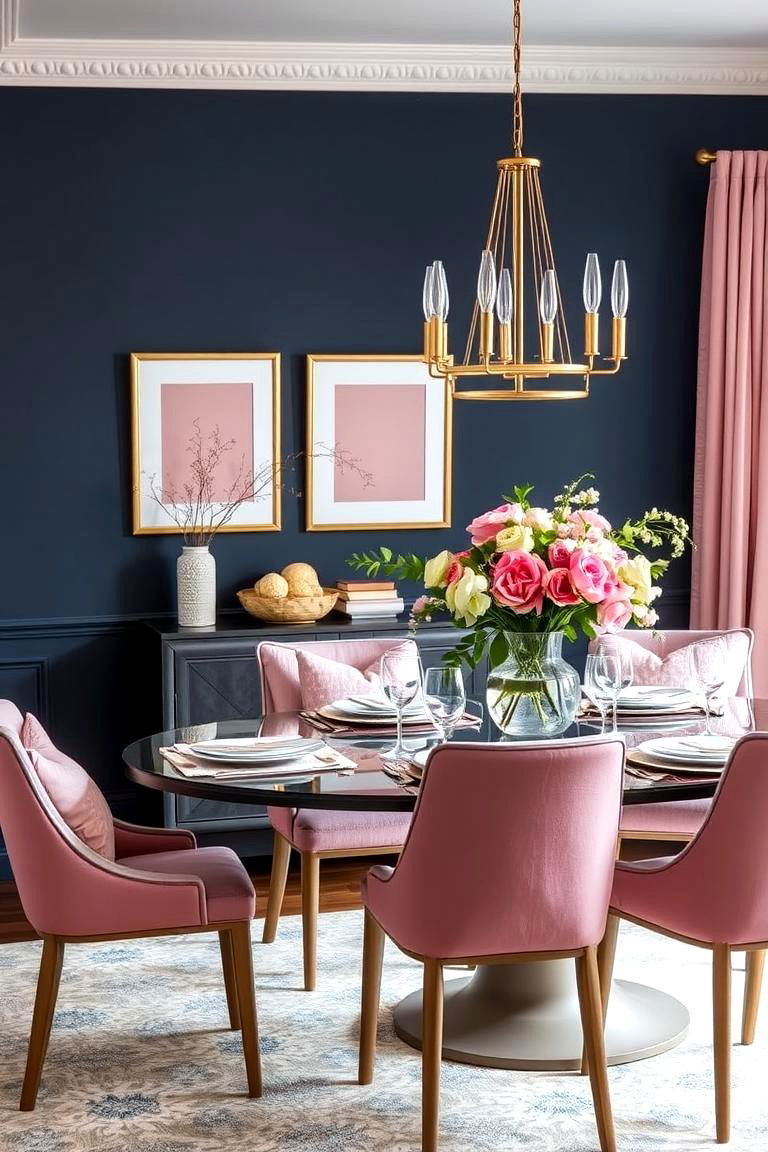 Navy Blue and Pink for a Bold Contrast - 24 Navy Blue Dining Room Ideas