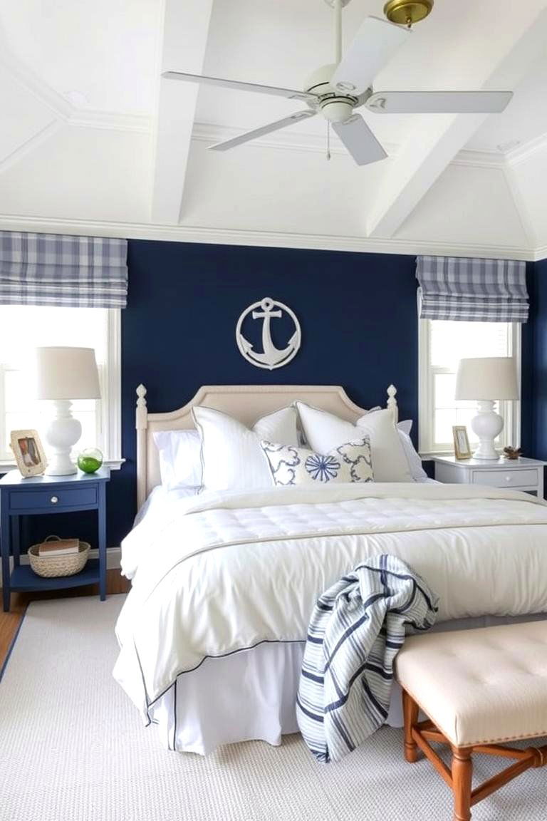 Navy Blue and White Coastal Bedroom - 24 Blue Room Ideas