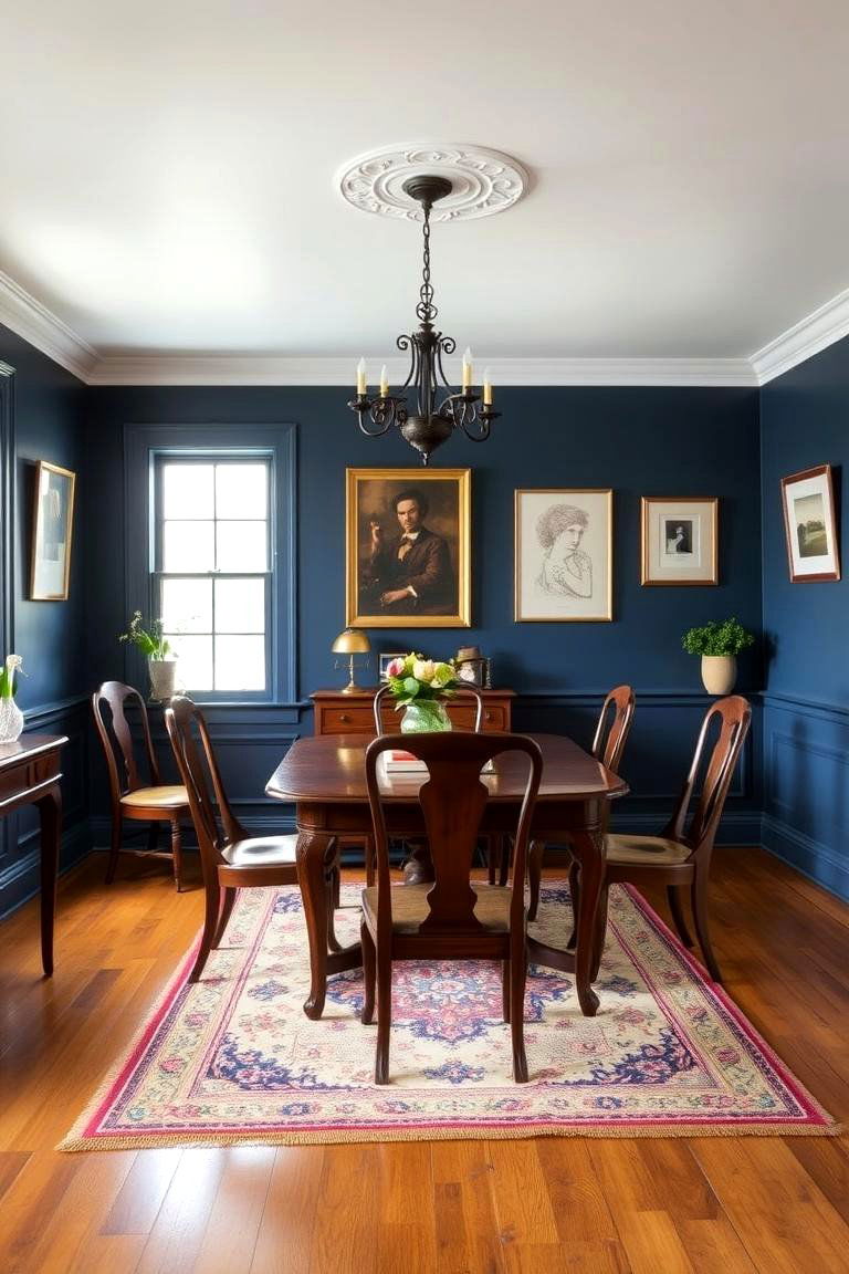 Navy Blue with Antique Furniture - 24 Navy Blue Dining Room Ideas