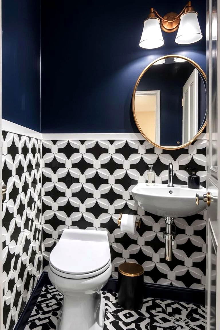 Navy Blue with Black and White Tile for Geometric Flair - 24 navy blue powder room ideas