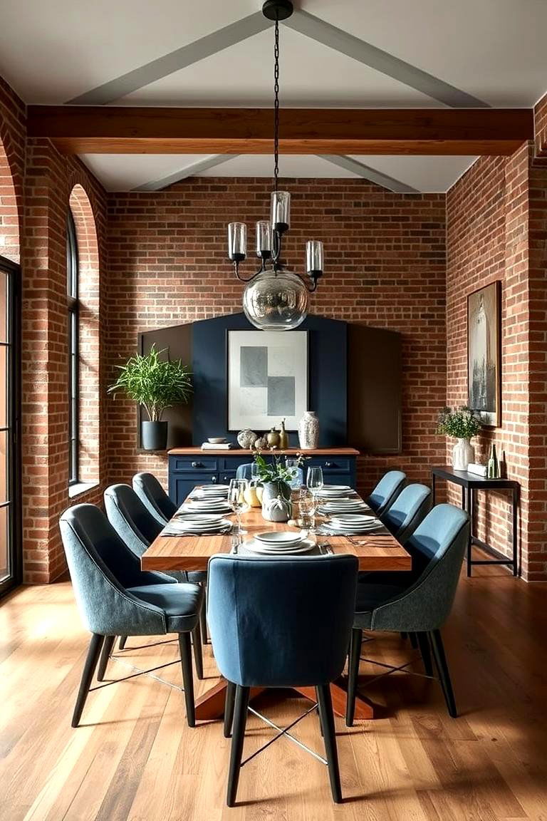 Navy Blue with Exposed Brick - 24 Navy Blue Dining Room Ideas