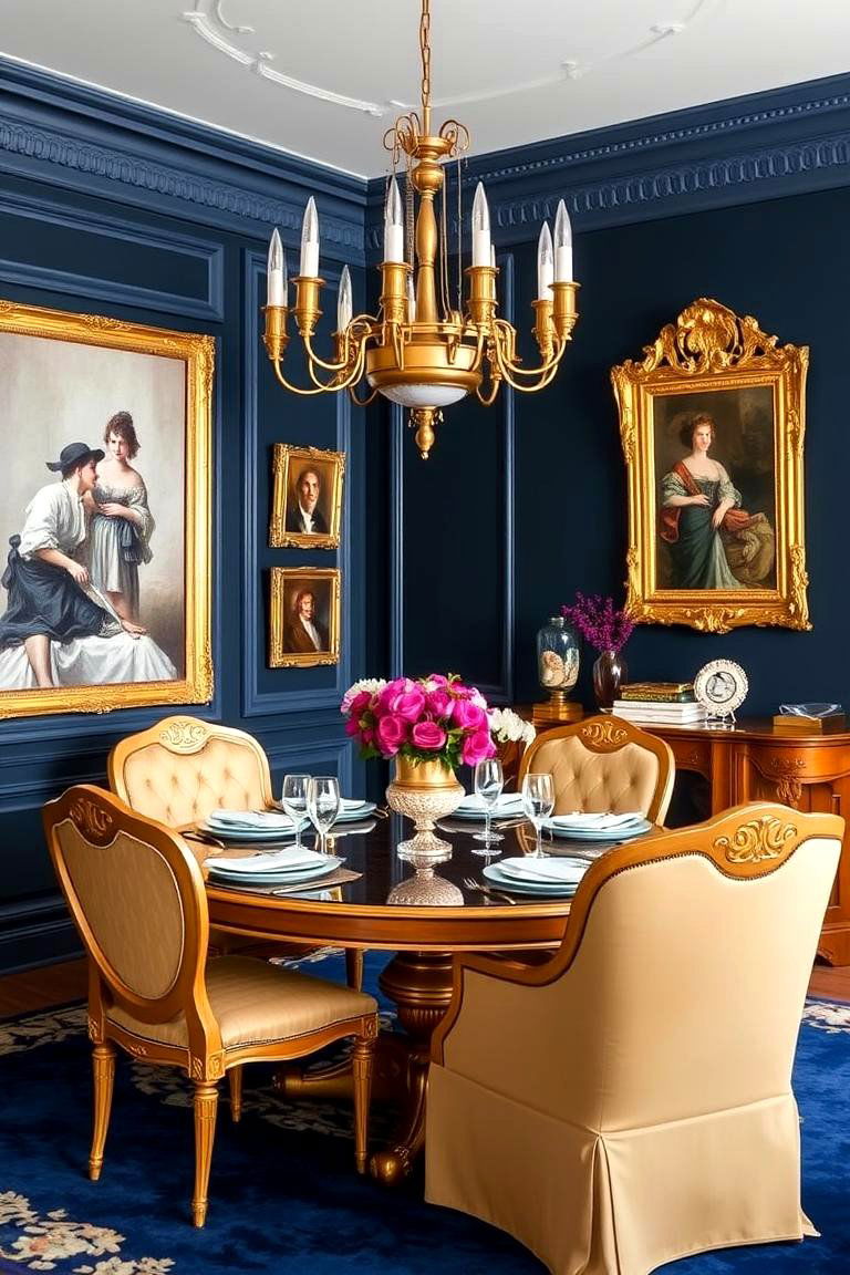 Navy Blue with Gold Leaf Details - 24 Navy Blue Dining Room Ideas