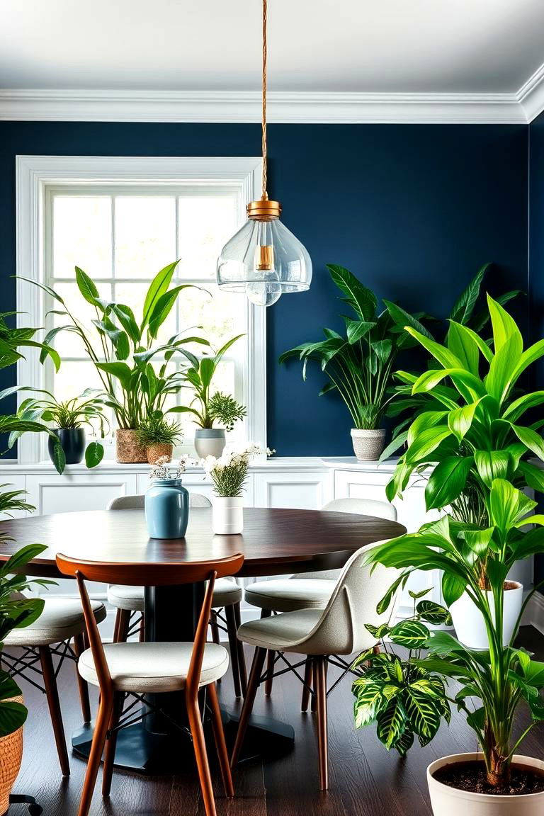 Navy Blue with Greenery - 24 Navy Blue Dining Room Ideas
