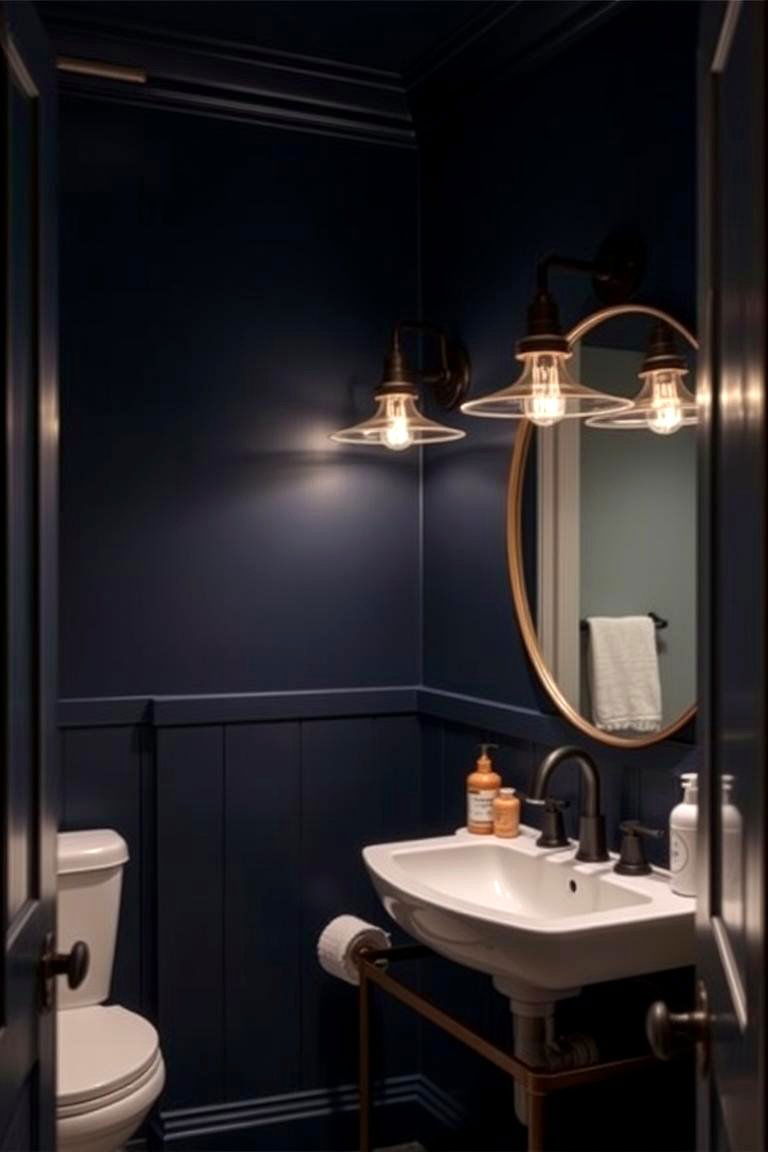 Navy Blue with Industrial Lighting for an Urban Feel - 24 navy blue powder room ideas