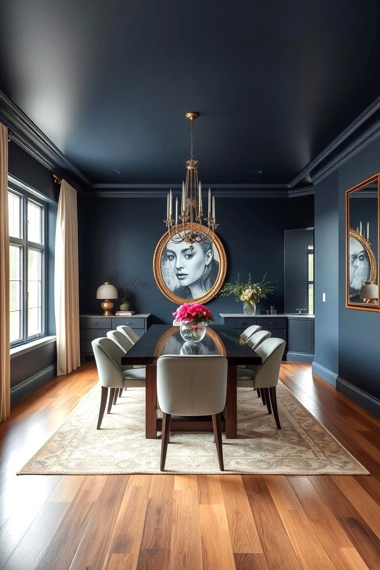 Navy Blue with Large Mirrors - 24 Navy Blue Dining Room Ideas