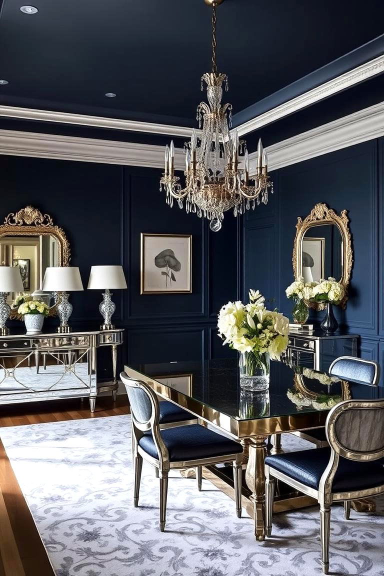 Navy Blue with Mirrored Furniture - 24 Navy Blue Dining Room Ideas