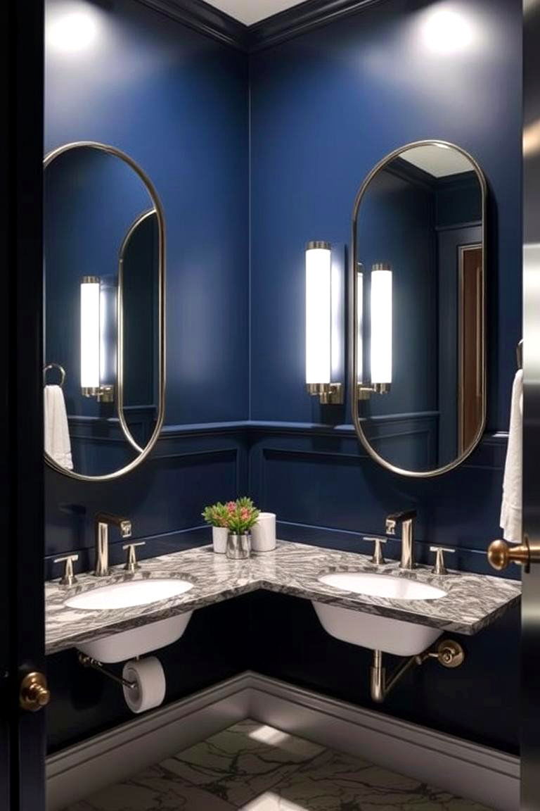 Navy Blue with Mirrored Surfaces for a Glamorous Touch - 24 navy blue powder room ideas