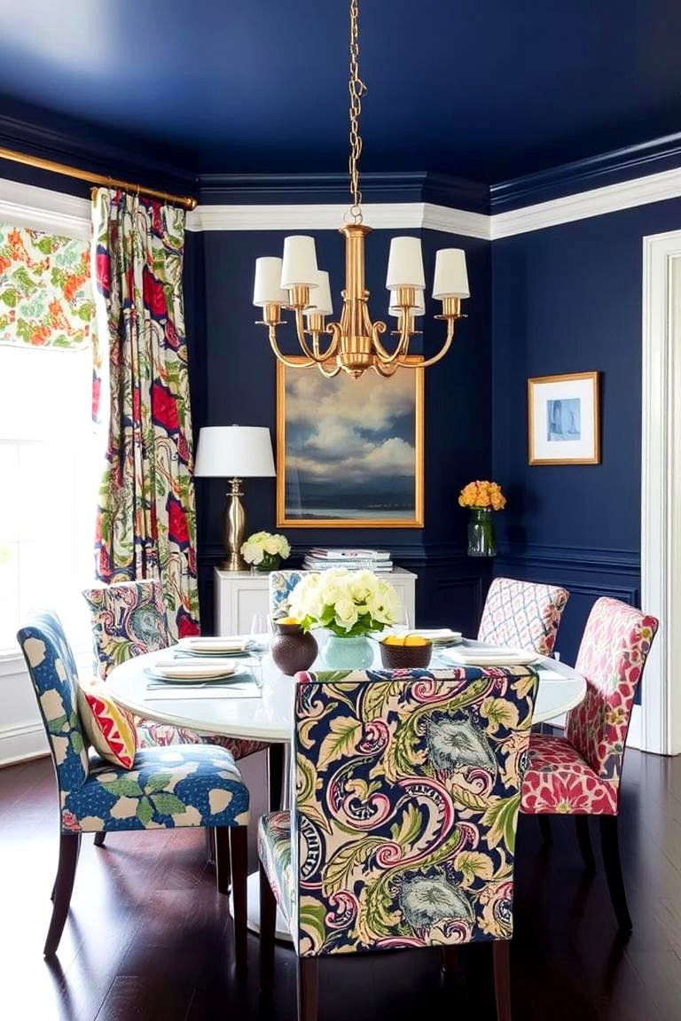 Navy Blue with Patterned Fabrics - 24 Navy Blue Dining Room Ideas