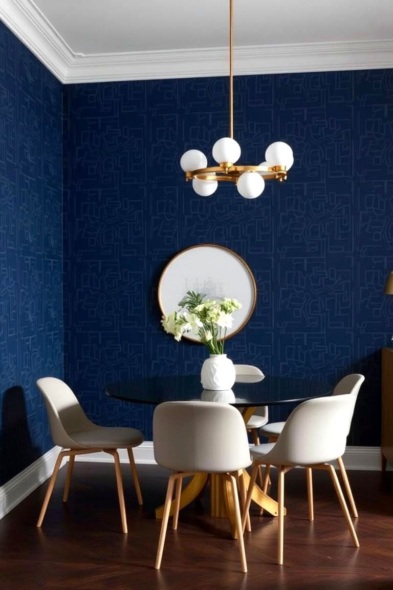 Navy Blue with Patterned Wallpaper - 24 Navy Blue Dining Room Ideas