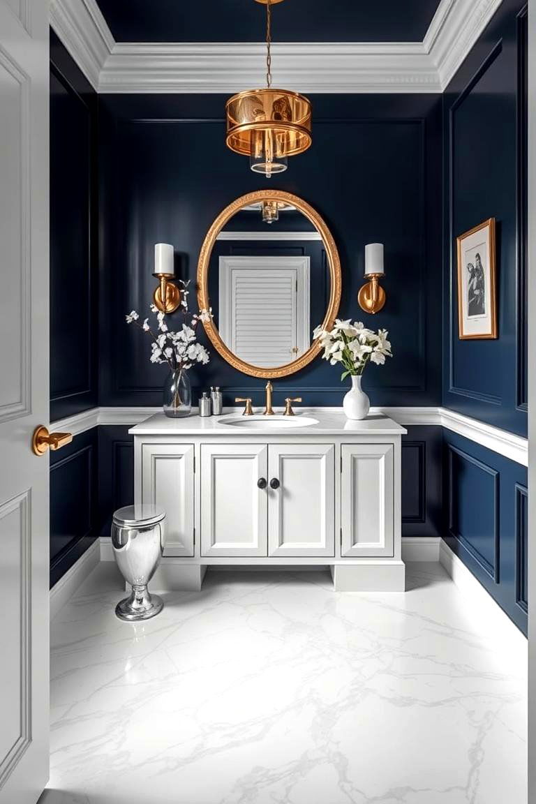 Navy Blue with White Marble Floors for Elegance - 24 navy blue powder room ideas