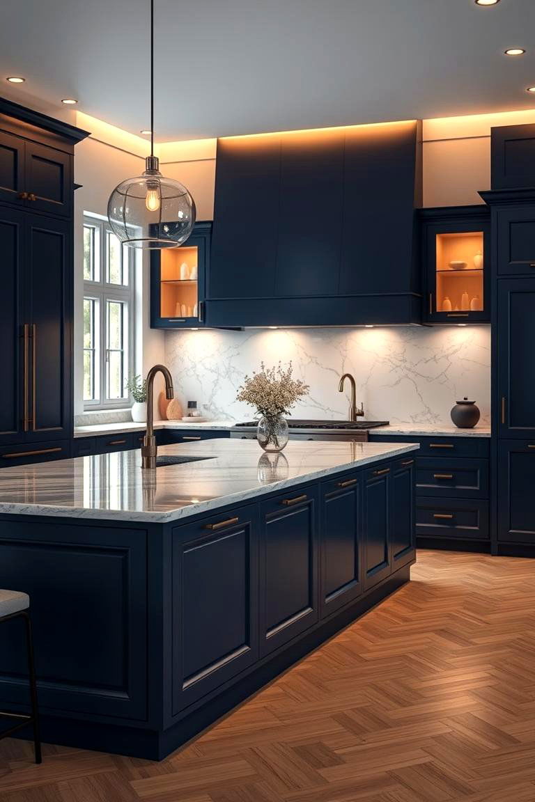 Navy Elegance Island with Marble Accents - 24 Blue Kitchen Island Ideas