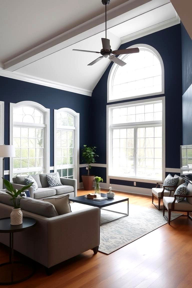 Navy Wall with White Trim Living Room - 24 Navy Living Room Ideas