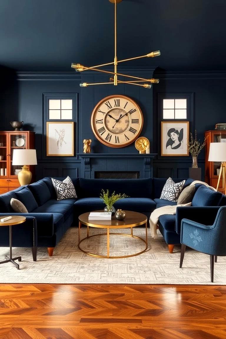 Navy and Brass Accents Living Room - 24 Navy Living Room Ideas