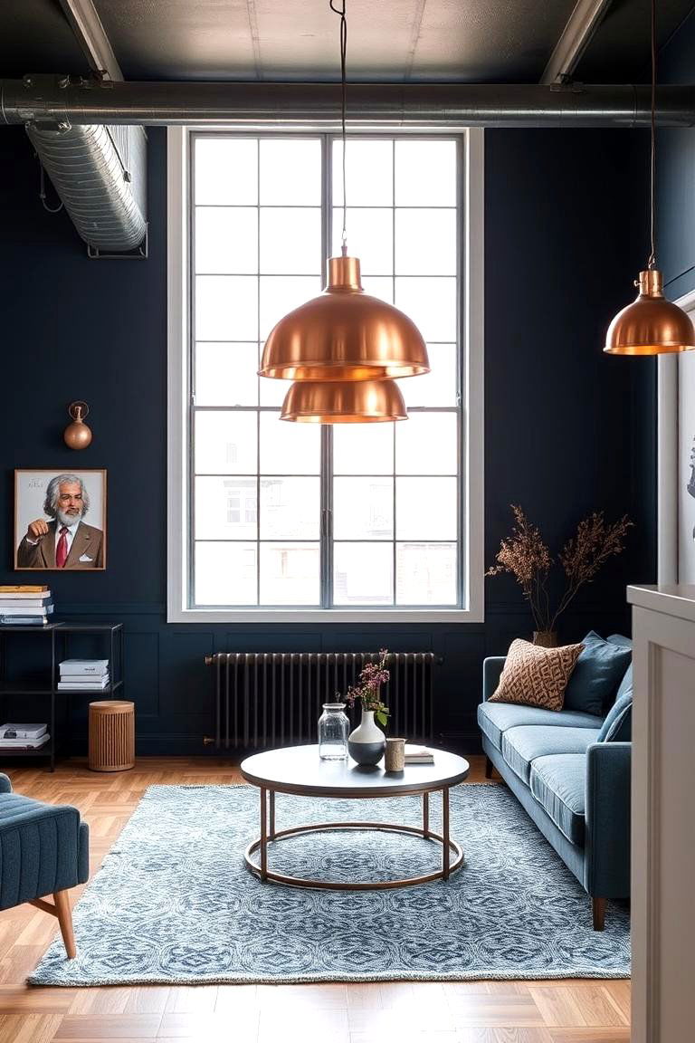 Navy and Copper Accents Living Room - 24 Navy Living Room Ideas