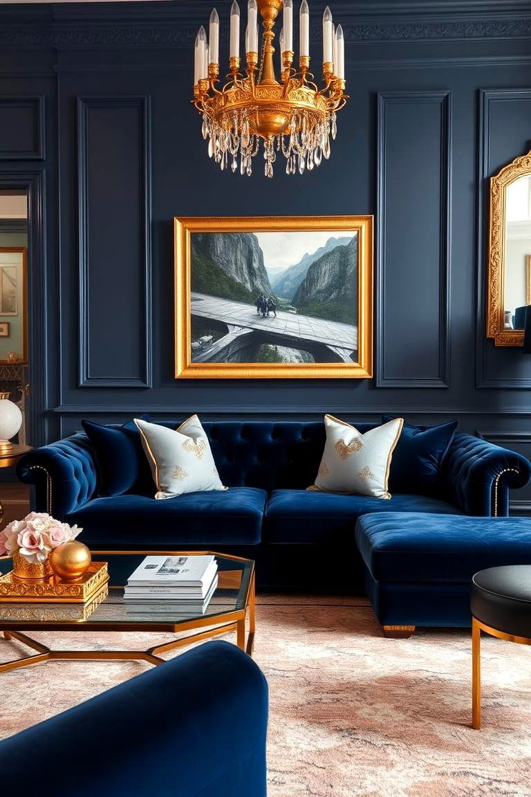 Navy and Gold Accents Living Room - 24 Navy Living Room Ideas
