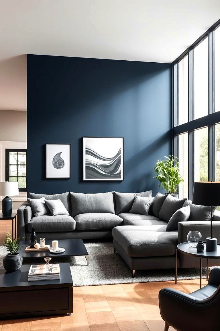 Navy and Grey Modern Living Room - 24 Navy Living Room Ideas