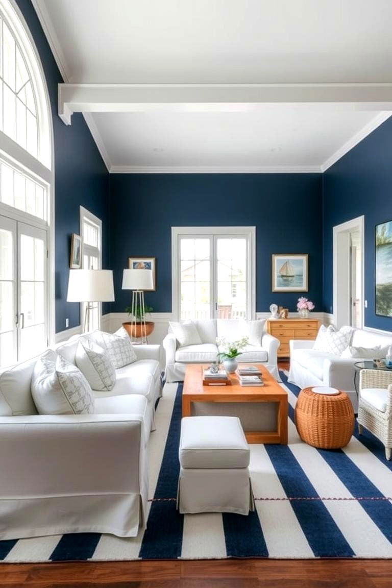 Navy and White Coastal Living Room - 24 Navy Living Room Ideas