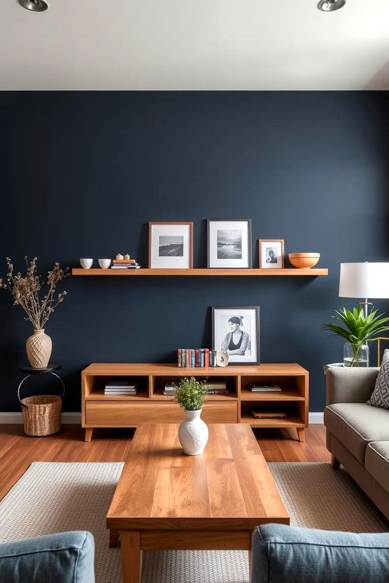 Navy and Wood Accent Living Room - 24 Navy Living Room Ideas
