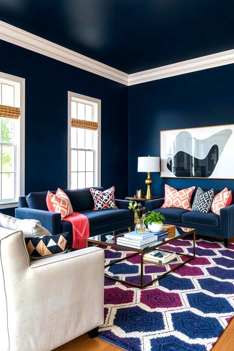 Navy with Bold Patterns Living Room - 24 Navy Living Room Ideas