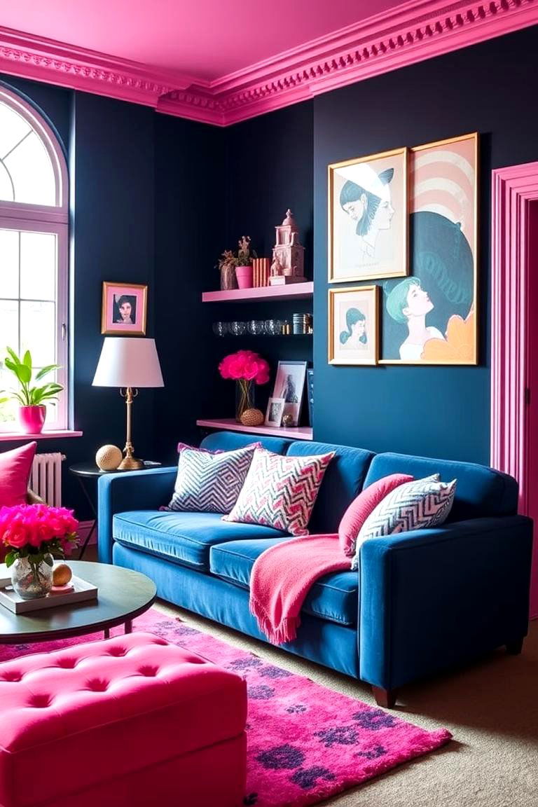 Navy with Bright Pink Living Room - 24 Navy Living Room Ideas