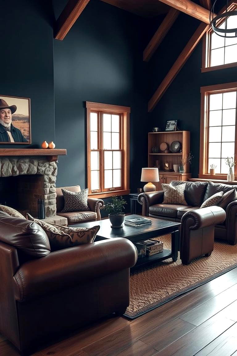 Navy with Brown Leather Living Room - 24 Navy Living Room Ideas