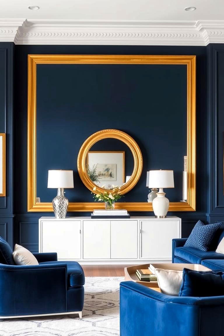 Navy with Gold Mirrors Living Room - 24 Navy Living Room Ideas