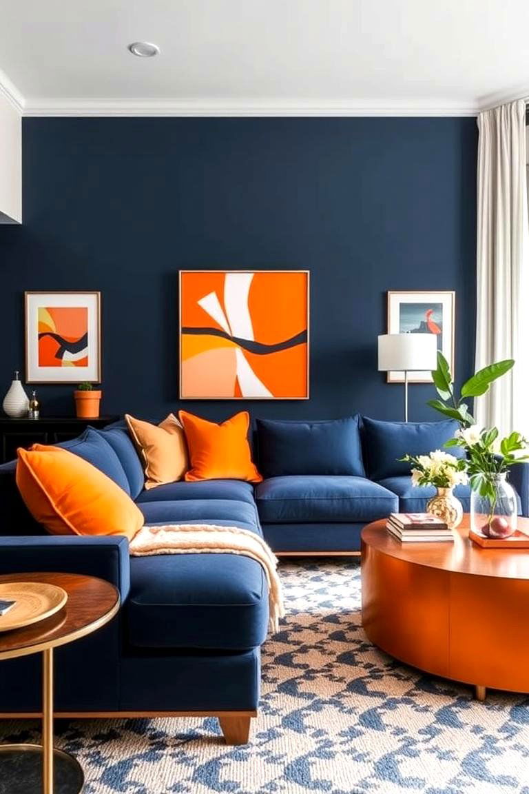 Navy with Orange Accents Living Room - 24 Navy Living Room Ideas