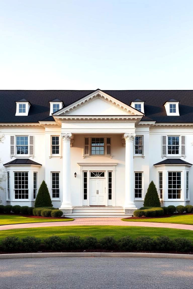 Neoclassical Style with Formal Gardens - 24 White Exterior Home with a Black Roof Ideas