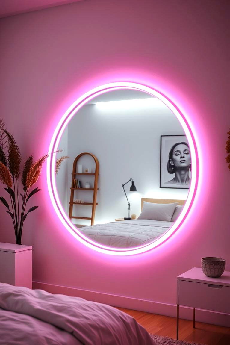 Neon Mirror Glow - 24 Neon Bedroom Ideas