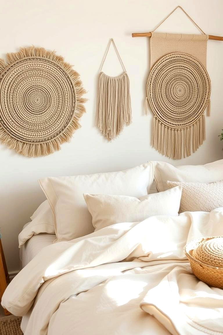 Neutral Bedding with Woven Wall Hangings - 24 Neutral Bedroom Ideas