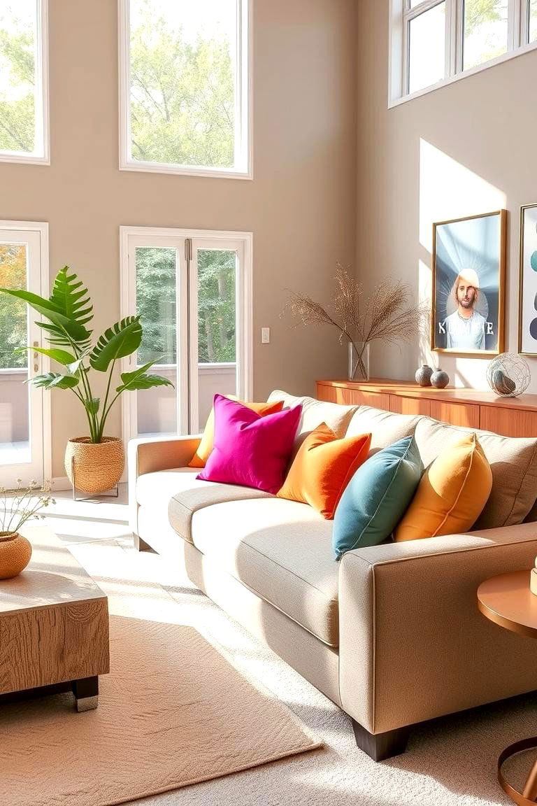 Neutral Beige Sofa with Bold Accents - 24 Beige Living Room Ideas