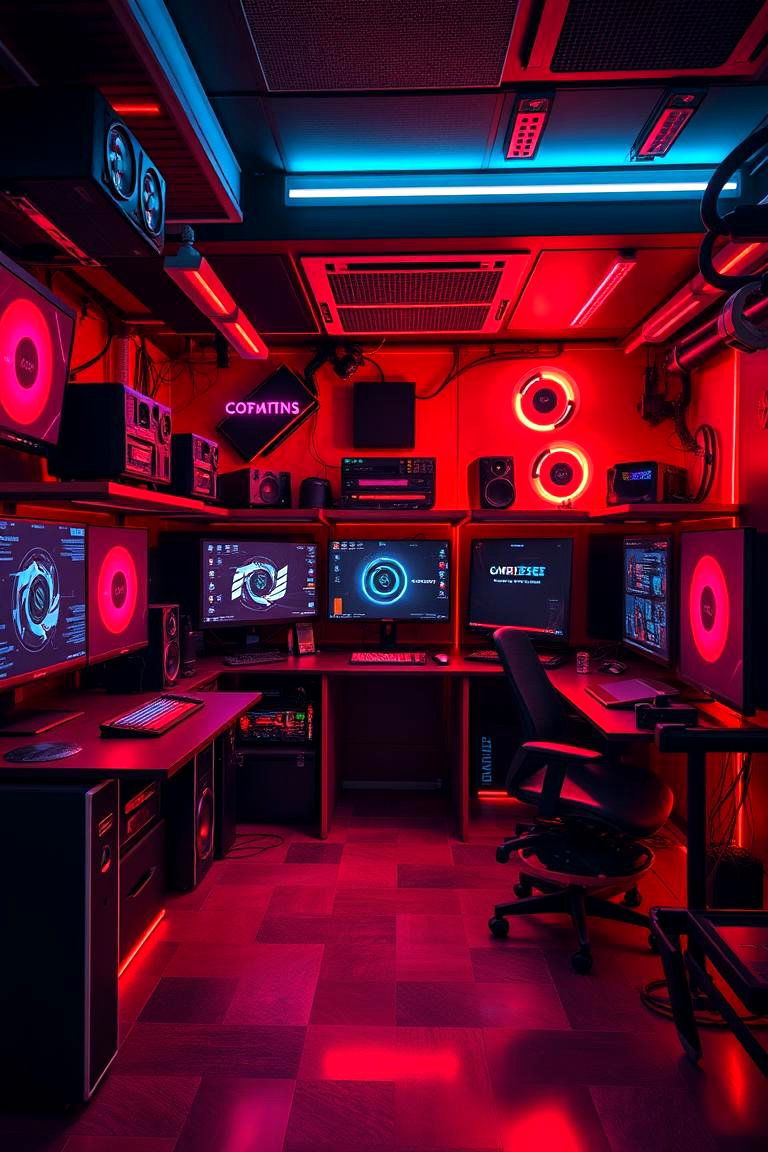 Next Gen High Tech Gaming Lab - 24 Red and Black Gaming Setup Ideas