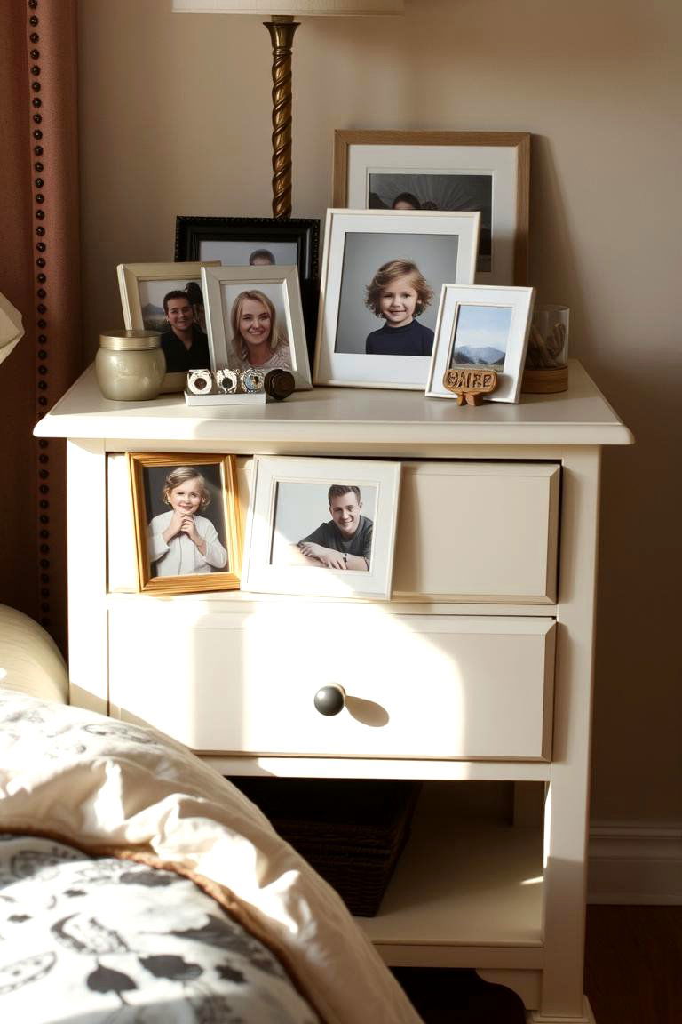 Nightstand with Personal Photos and Keepsakes - 24 Nightstand Decor Ideas
