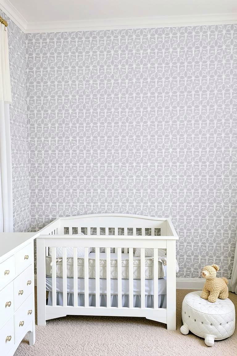 Nursery with Patterned Grey and White Wallpaper - 24 Grey and White House Interior Design Ideas