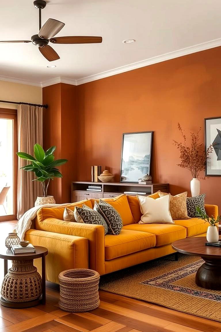 Ochre Yellow Couch with Terracotta Walls - 24 Yellow Couch Living Room Ideas