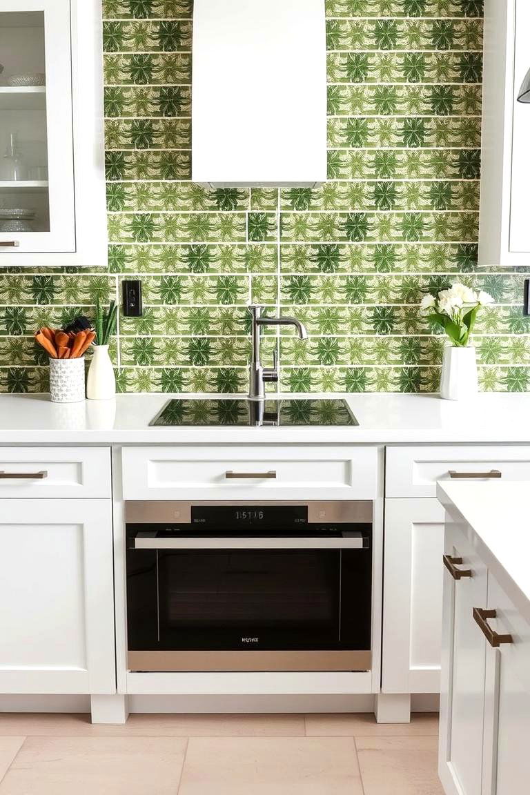 Olive Green Backsplash with Patterned Tiles - 24 Olive Green Kitchens