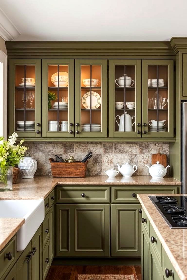 Olive Green Cabinetry with Glass Inserts - 24 Olive Green Kitchens
